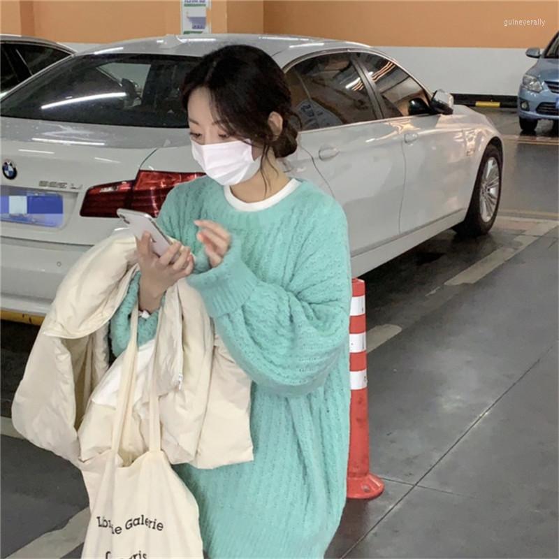 

Women' Sweaters Korean Vintage O Neck Women Soft Lake Green Knitted Pullover Top Jumper 2022 Spring Autumn Long Sleeve Ladies Bottoming