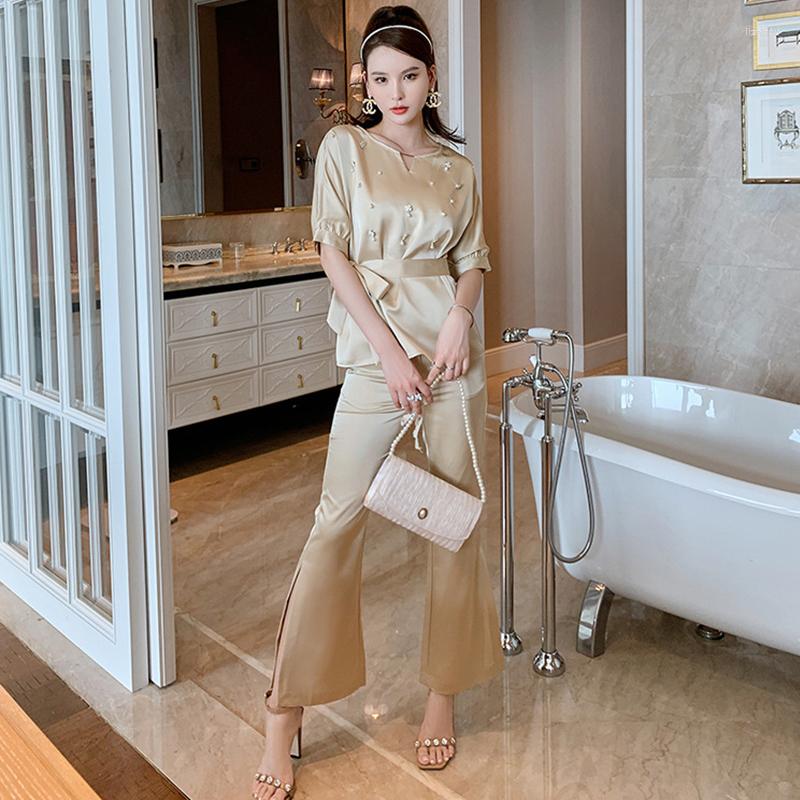 

Women' Two Piece Pants Fashion Women OL Elegant Satin Vintage Short Sleeve Pearl Sashes Tops Shirt Blouse High Waist Long Split Flare, Champagne