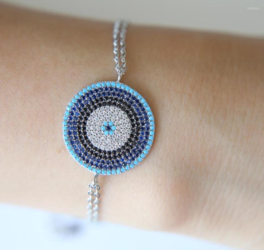 

Link Bracelets Fashion Gold Colors Women Blue Stones Bracelet Slider Ladies Big Round Charm Cubic Zirconia Adjustable Size