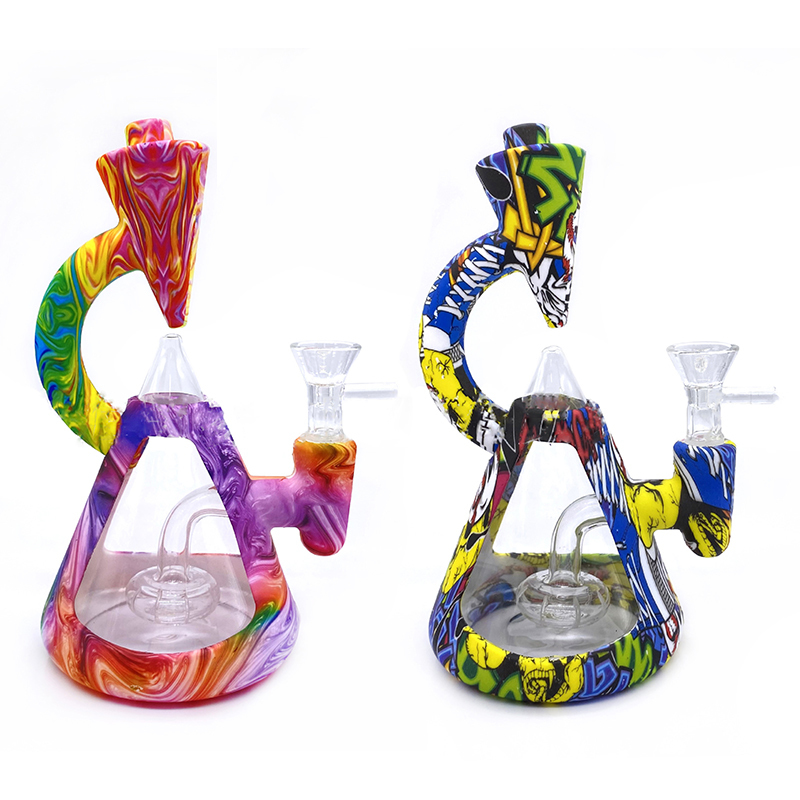 smoke shop Silicone Bong Colors Printing Percolator Hookah Shisha Dab Rigs Portable Bong for Smoke Dry Herb Unbreakable Bubbler Water Pipe-image-808560433