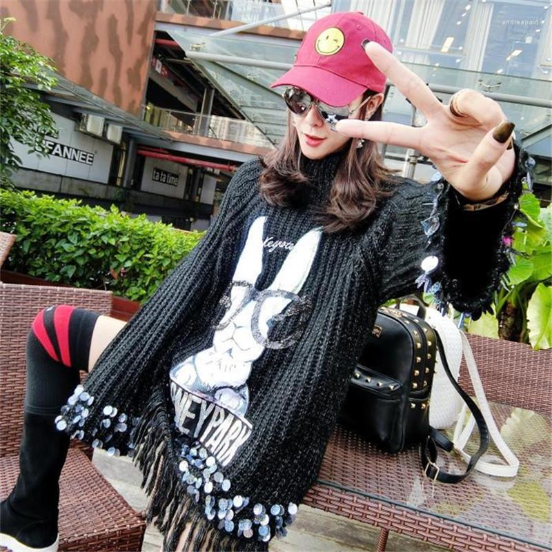 

Women's Sweaters Hiphop Street Tide Sequins Tassel Knit Pullover Women Fashion Ins Cartoon Jacquard Loose Knitwear Female Chic Casual Tops, Picture shown