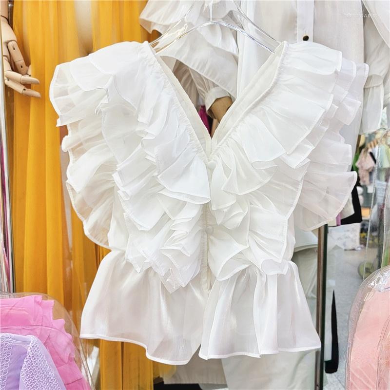 

Women' Blouses 2022 Summer V-neck Organza Shirt Women' Ruffled Waist-Tight Flying Sleeve Chic Top Lady White Blusas