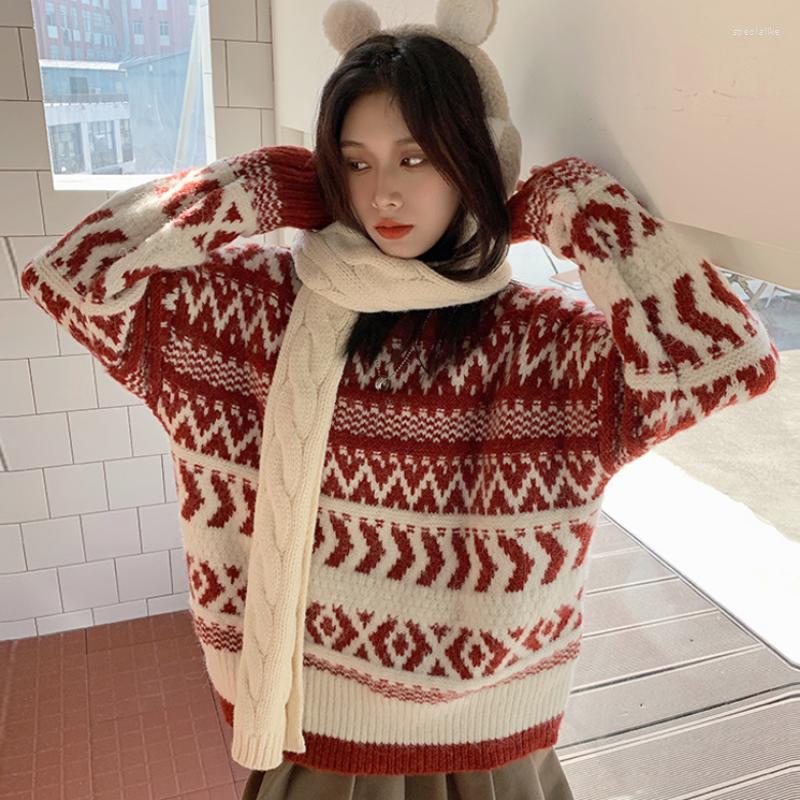 

Women's Sweaters 2022 Autumn Winter Korean Fashion Retro Commute Wild O Neck Thick Christmas Print Design Loose Casual Knit Pullover Sweater, Green