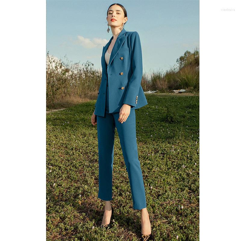 

Women's Two Piece Pants 2022 Autumn Women Suits 2 Business Set Double Breasted Slim Fit Pointed Lapels Blazer Prom Party Tuxedos, Blue