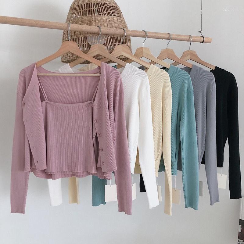

Women's Knits Jumpers 2022 Spring Sweet Vest Camisole Tops Wild V Pink Cropped Cardigan Knit Jacket Two Piece Sets Korean Sweaters, Black 2set