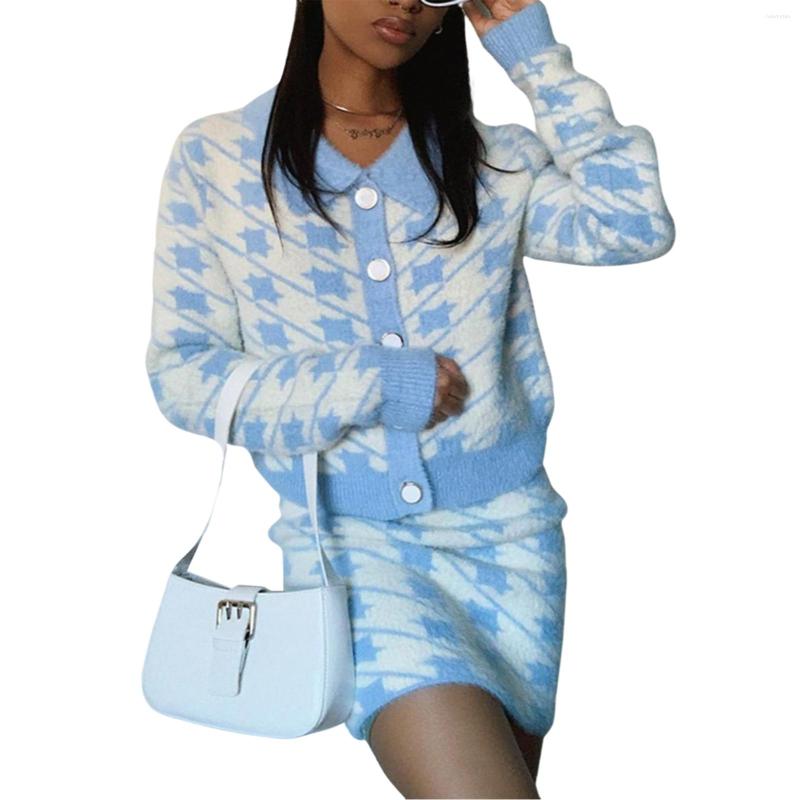 

Women' Knits Women Color Block Sweater Adults Button-down Houndstooth Pattern Long Sleeve Lapel Cardigan, Blue