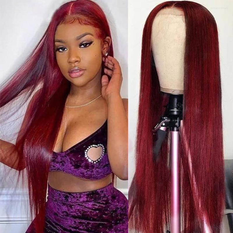 

Burgundy Straight Lace Frontal Wigs 99j Transparent Human Hair Pre Plucked 180% Peruvian Remy For Women, Picture shown