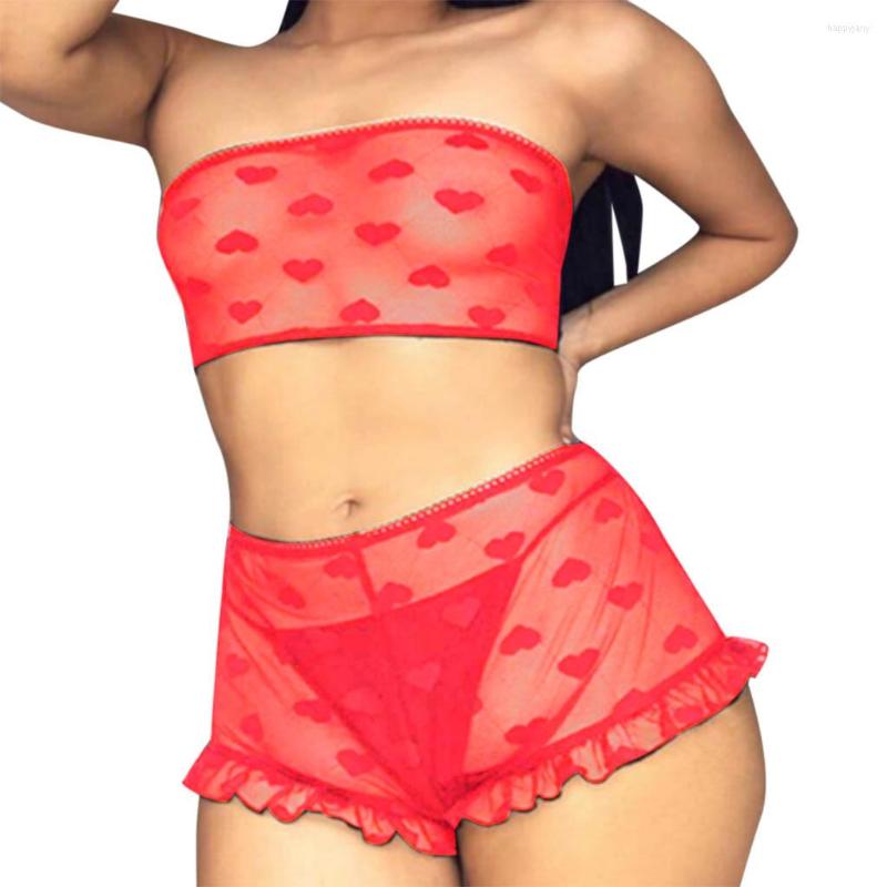 

Bras Sets Red Transparent Tube Tops Thongs Sleepwear Set Sensual Lingerie Perspective Exotic Costumes Sleeveless Lace Sexy Pajama