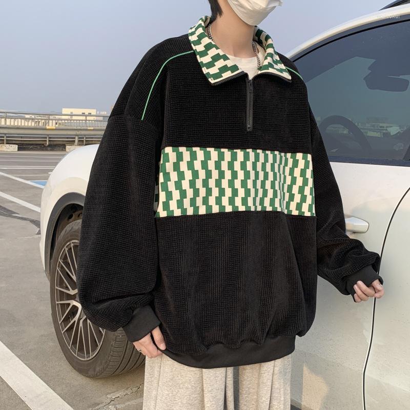 

Men's Hoodies Japanese Retro Color Matching Stand Collar Sports Sweater Men's Tide Brand Street Bf Loose Couple Women's Pullover, Black