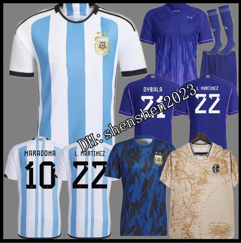 

Fans player Version 2022 2023 Argentina soccer Jerseys 22 23 MESSIS MAC ALLISTER DYBALA DI MARIA MARTINEZ DE PAUL MARADONA National Team Adult kit Men football shirt, 22-23 away+patch