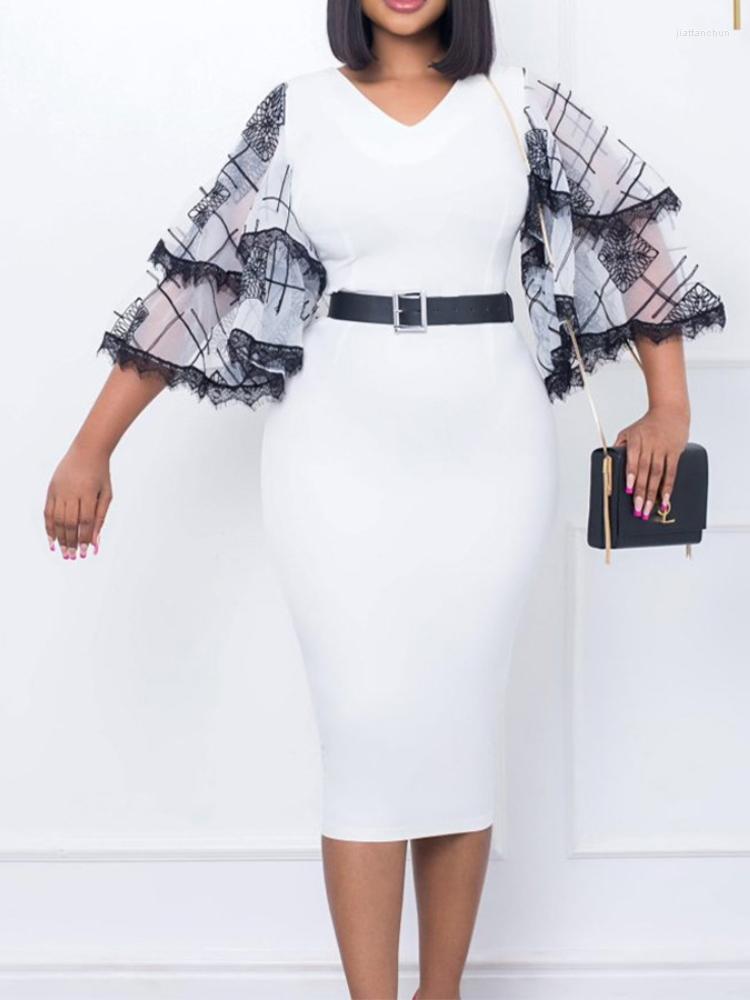

Casual Dresses Women White Dress Patchwork Printed Flare Sleeves See Though Lace Package Hip Office Ladies Classy Work Wear Modest Autumn, Black