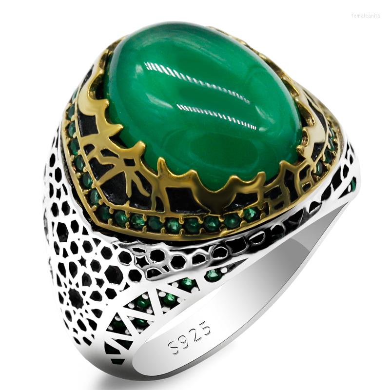 

Cluster Rings Sterling Silver Vintage Classic Agate Stone Ring Men's Gift Wedding Unisex S925 Green