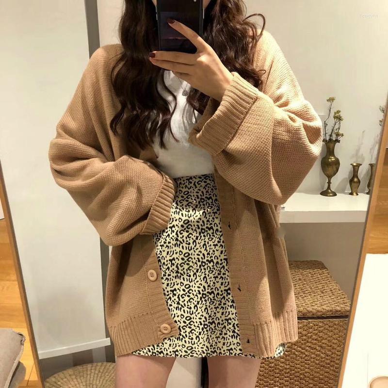 

Women's Knits 2022 Women Solid Sweaters V-Neck Single Breasted Loose Females Cardigan Leisure Chic Elegant Trendy Warm Outwear Street Tops, Brown