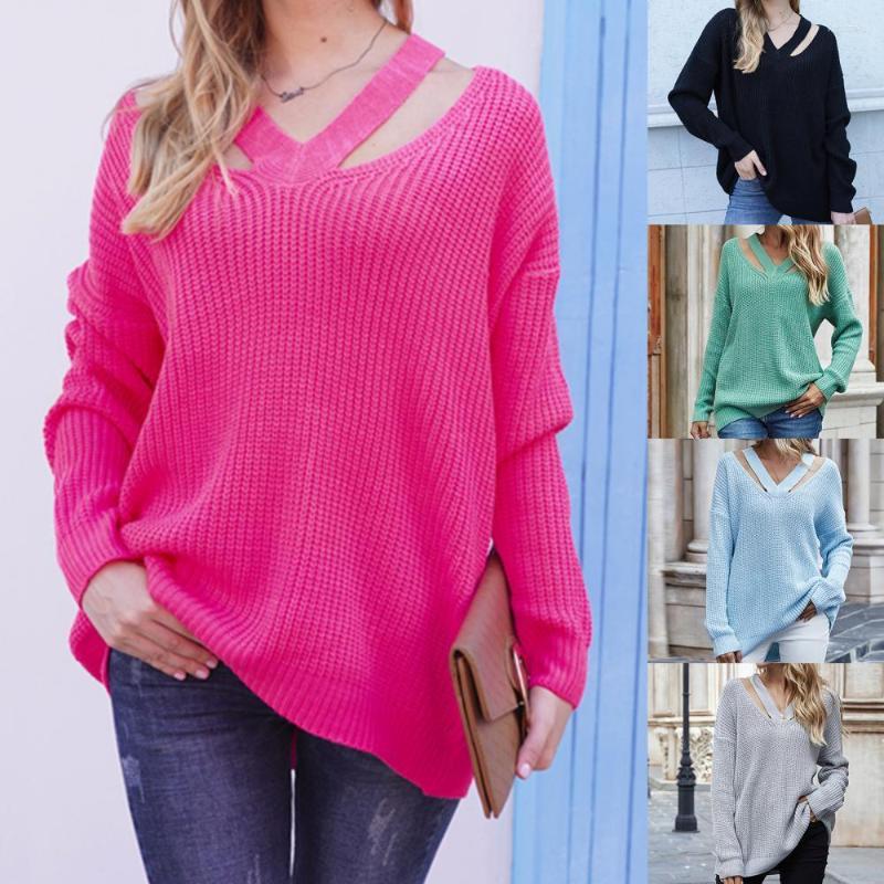 

Women' Sweaters Fitshinling V Neck Casual Women Pulovers Boho Holiday Knitwear Sweater Oversize Long Sleeve Solid Top Winter, Sky blue