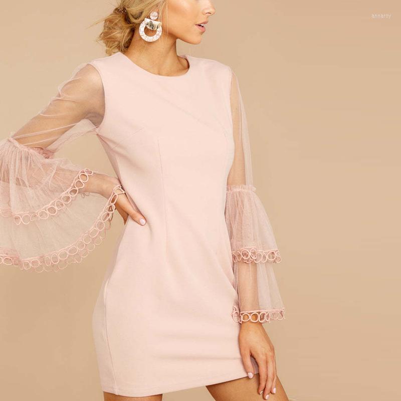 

Casual Dresses 2022 Spring See Through Sleeve Ruffle Lace Dress Women Elegant O Neck Patchwork Party Autumn Solid Straight Office, 01 white