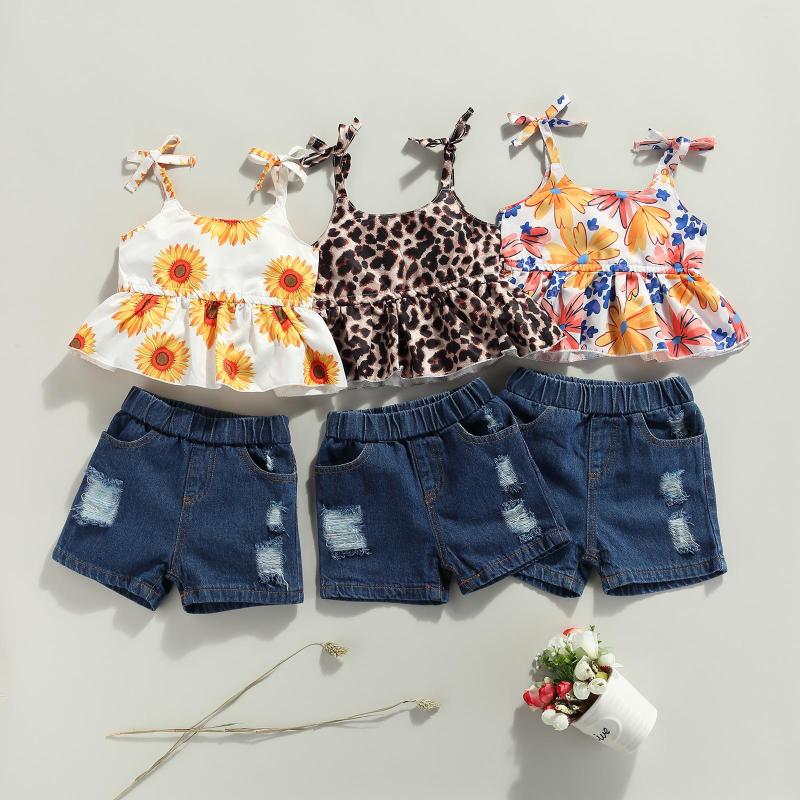 

Clothing Sets 2Pcs Sweet Style Little Girls Outfit Summer Floral Printing/Leopard Print Sleeveless Suspender Tops Ripped Denim Shorts 1-5T