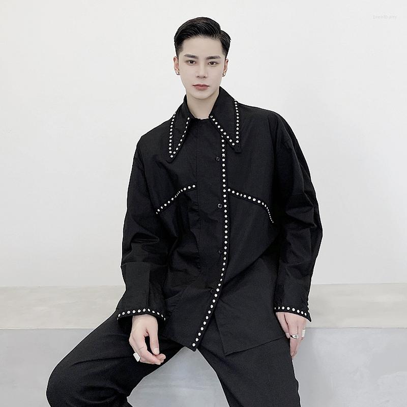 

Men's Casual Shirts Men Long Sleeve Shirt Personality Rivet Hit Yarn-dyed Wide Loose Long-sleeved Trendy Hairstylist Host Singer Clothing, White