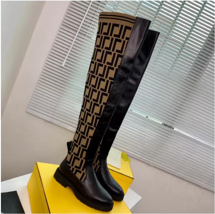

Sock-Style Flats Tall Boots High Boot Designer Shoes Factory Footwear Rockoko Logo-Jacquard Stretch Fabric Black Leather Over-Knee- For Women Luxury Zucca Knitted
