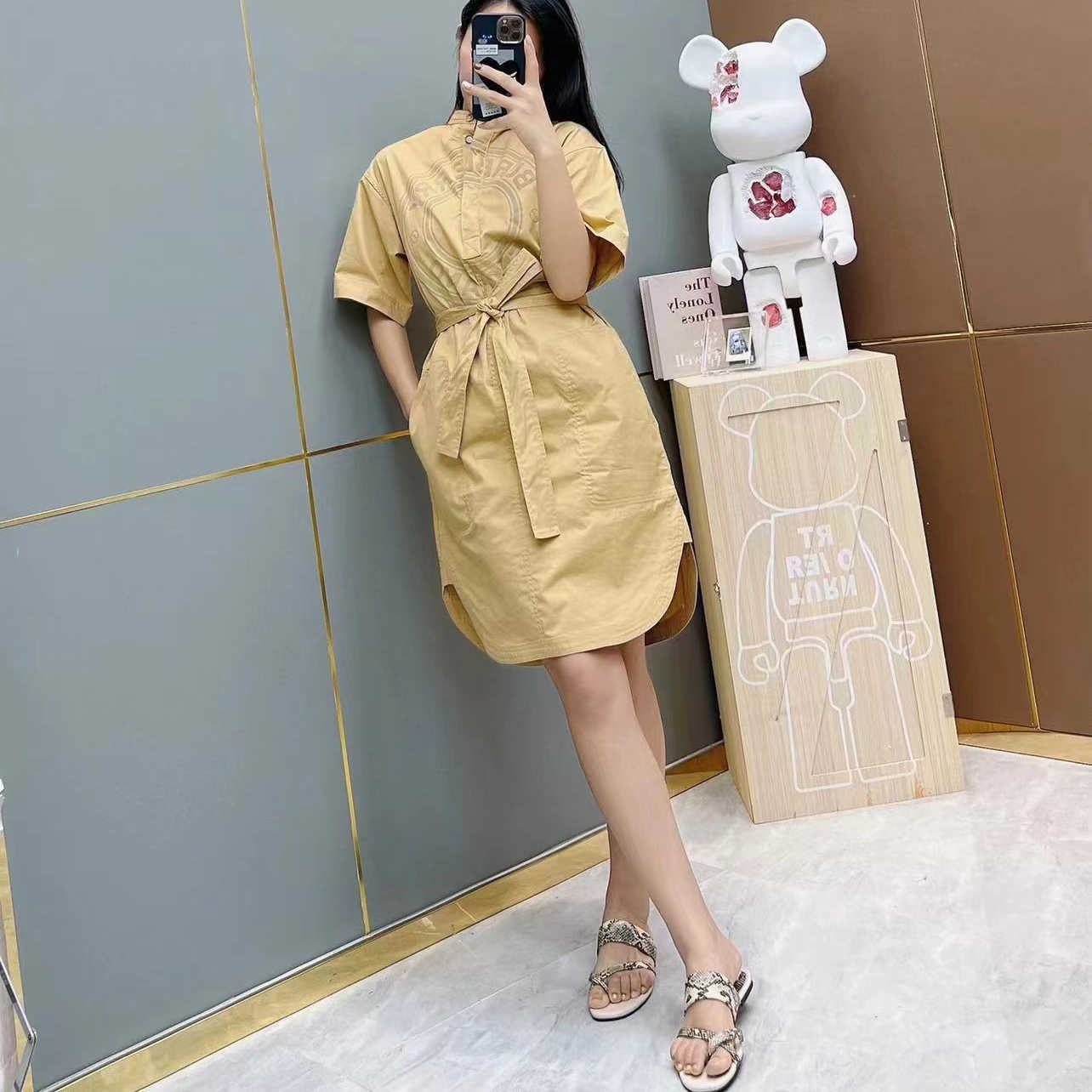 Casual Dresses Womens Clothing Dresses Women Designer Clothes Dress for Girls Khaki 100% Cotton Summer Crew Neck Short Slveeve Dress
