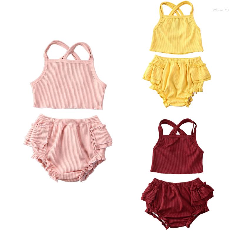 

Clothing Sets 2022 Baby Summer Infant Kids Girls Solid Ribbed 2Pcs Set Vest Crops Tops Ruffled Shorts Sunsuit, Pink