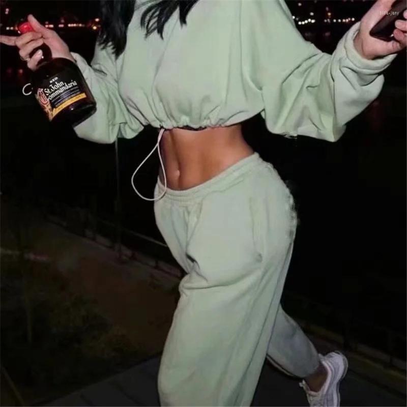 

Women' Hoodies Women Casual Solid Color Crop Tops Spring Autumn Long Sleeve Round Neck Sweatshirt Adjustable Drawstring Waist Fashion, Black