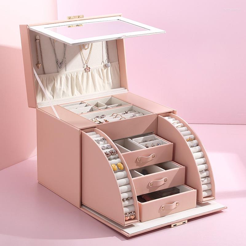 

Jewelry Pouches 2022 Large Capacity Multi-layer Storage Box Pink Leather With Lock And Mirror Earring Organizer