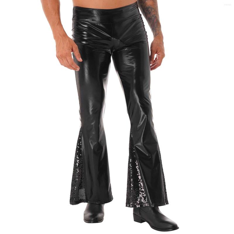 

Men's Pants Mens Retro Glossy Bell-Bottomed Trousers Shiny Sequin Moto Biker Flared Party Clubwear For Stage Performance, Black