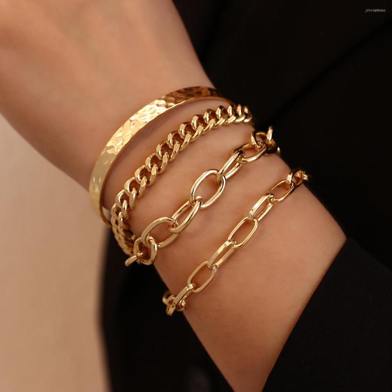 

Link Bracelets Flashbuy 4PC Gold Color Basis Simple Bangle Sets For Women Vintage Statement Necklace Jewelry Pulseira