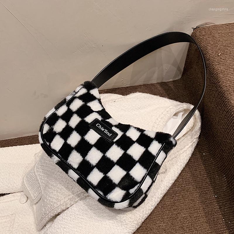 

Evening Bags Fashion Checkerboard Plush Women Shoulder Black White Plaid Underarm Women's Bag Small Square Furry Faux Fur Handbags