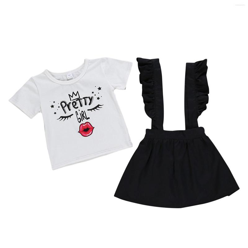 

Clothing Sets 2022 Baby Summer 2Pcs Girls Outfits Short Sleeve Cartoon Letter Print T-Shirt Suspender Skirt Set, Picture shown