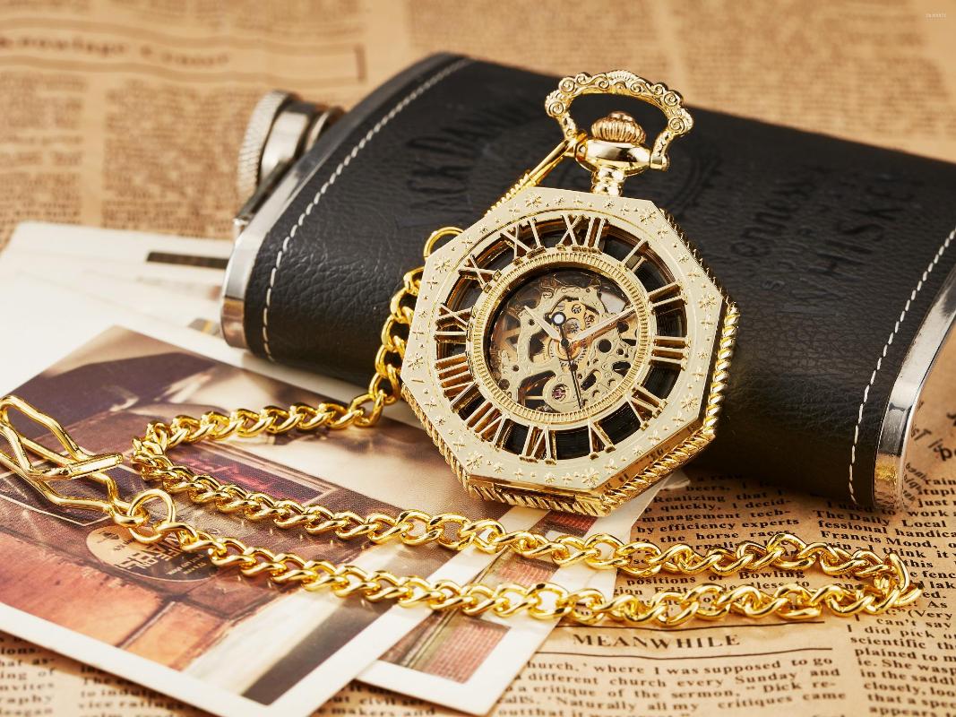 

Pocket Watches 2022 Classic Mechanical Male Watch Chain Steampunk Skeleton Hollow Roman Steel Gold Bronze Dial Mens, Black