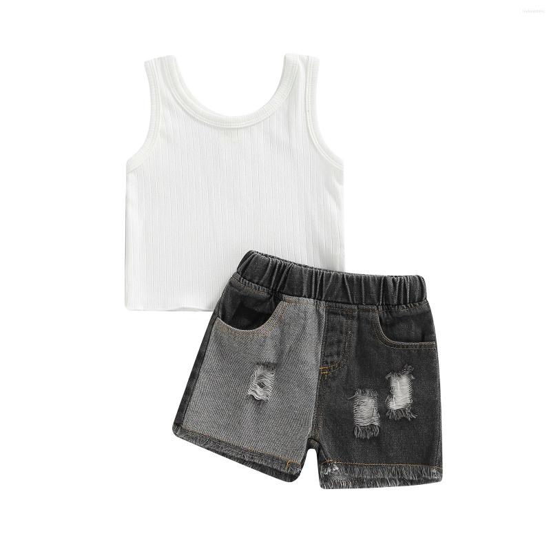 

Clothing Sets 2Pcs Toddler Baby Girls Summer Outfit Ribbed Tank Tops Contrast Color Elastic Waist Denim Shorts For Babies 6M-3T, Picture shown