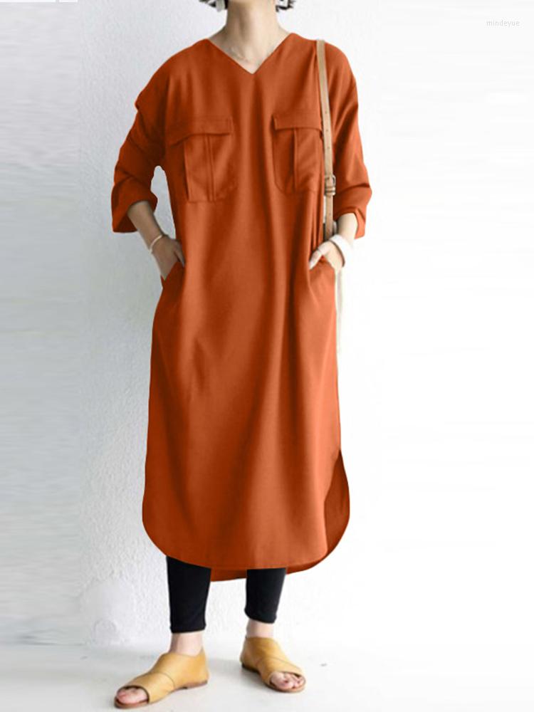 

Casual Dresses Spring Autumn Stylish Women Vintage Pockets Loose Sundress 2022 Mid-Length Maxi Dress Femme Solid Party Vestido Robe, Black