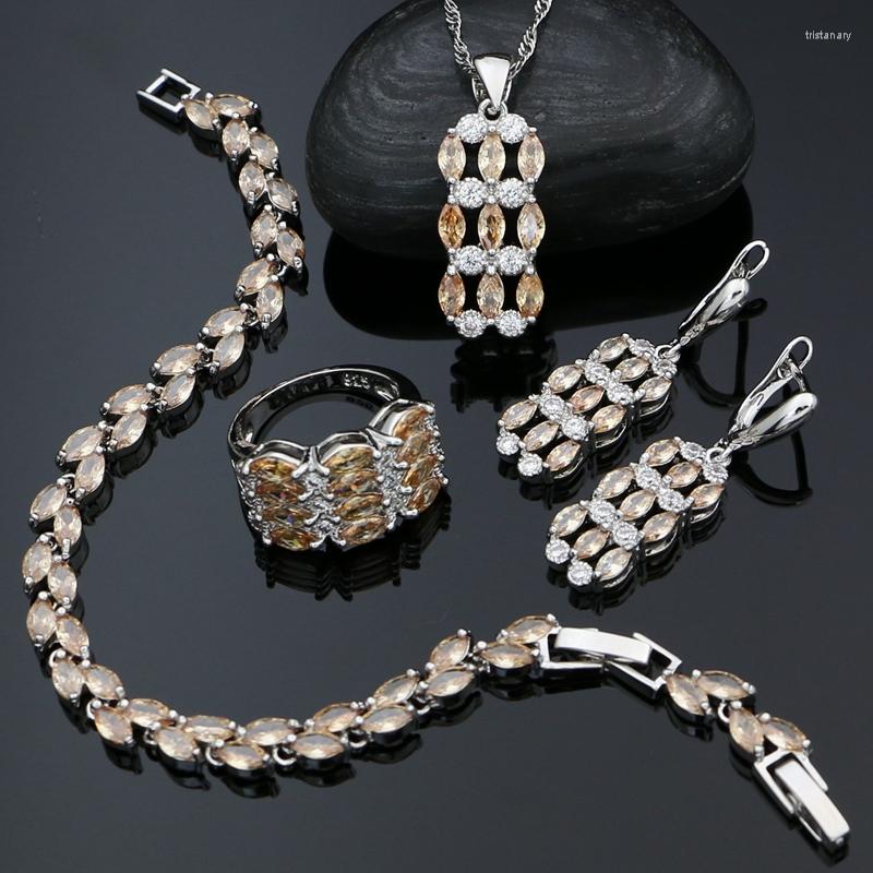 

Necklace Earrings Set 925 Sterling Silver For Women Party Accessories Champagne Cubic Zirconia Earrings/Pendant/Necklace/Ring/Bracelet, Picture shown