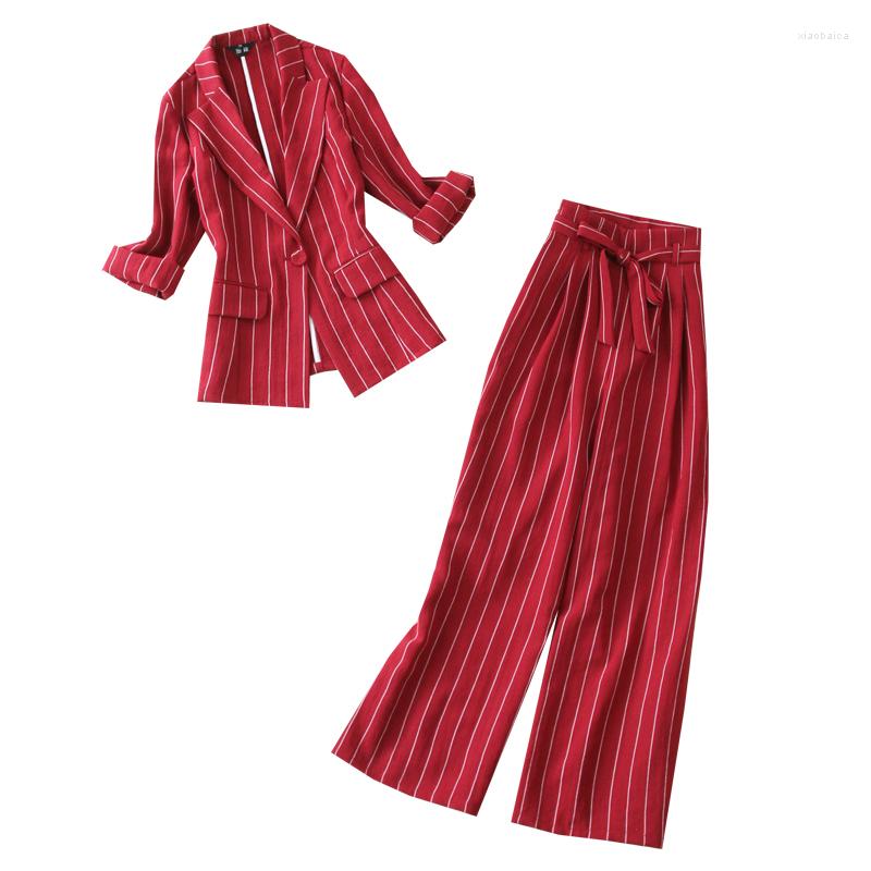 

Women' Two Piece Pants 2 Set Women Spring And Summer Red White Strips 7points Sleeve Small Suit Wide Leg Trousers Imitation Two-piece