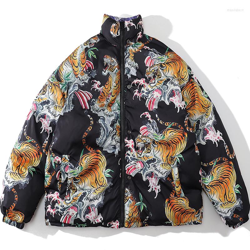 

Men's Down Winter Keep Warm Men Parkas Puffer Jacket Fashion Double-sided Wear Tiger Printing Baggy Trend Oversized Youth Male Coat, Black