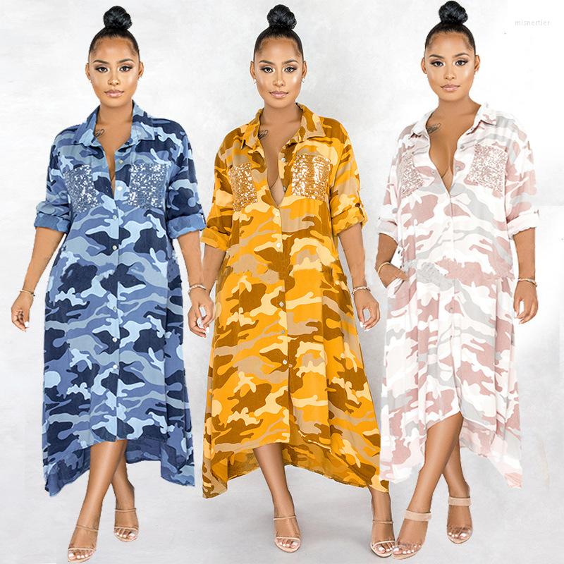 

Casual Dresses Women' Stand-up Collar Loose Camouflage Print Shirt Dress, Blue