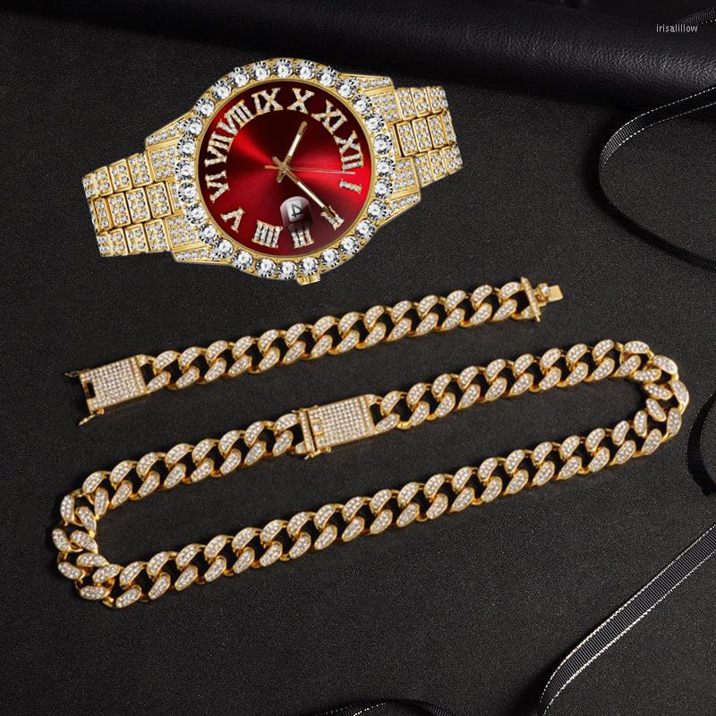 

Wristwatches 2022 Watch Mens Cuban Link Chain Bracelet Necklace Choker Bling Jewelry For Men Big Gold Chains Hip Hop Set, 3pcs red