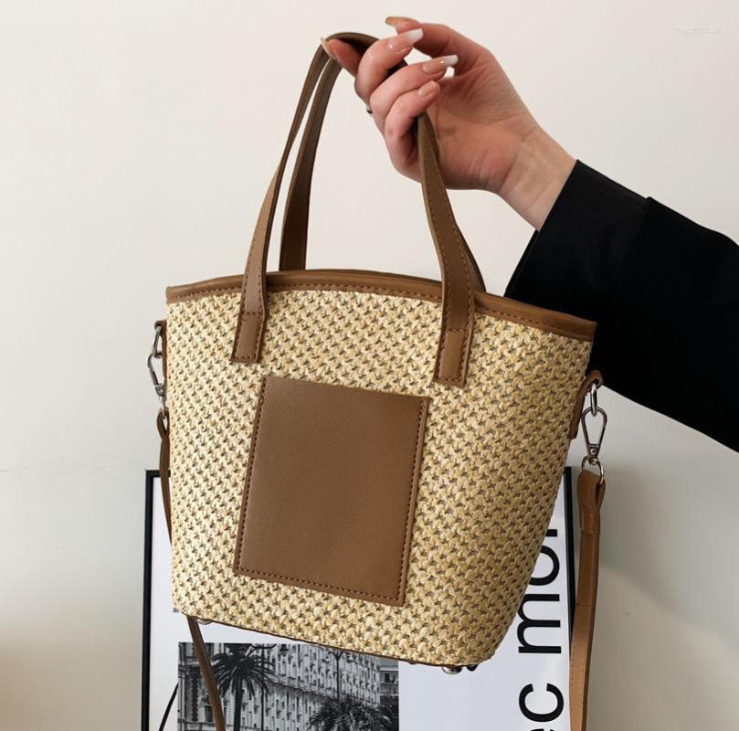 

Evening Bags Summer Beach Straw Totes For Women Pu Leather Splice Crossbody Bag Travel Purses And Handbags Female Shoulder, Beige