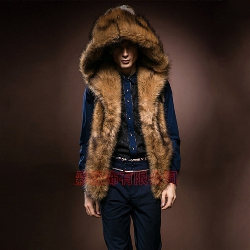 

Mens Fur Faux Hooded Vest Coat Imitation Mink Slim Fit for Men 2201006, Photo color