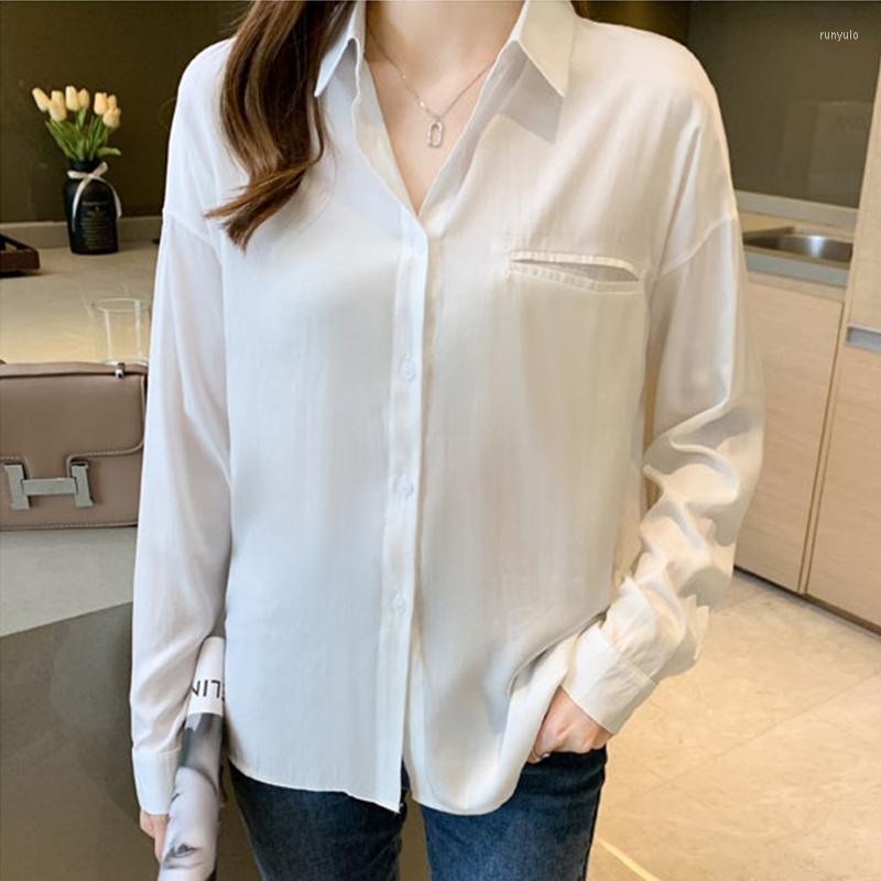 

Women' Blouses Oversized Korean Style Ladies Shirts Women' Chiffon Spring Autumn Long Sleeve Pockets Tops Blusas Mujer, Gray