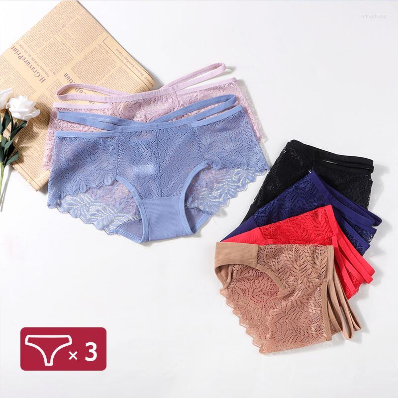 

Women's Panties 3pcs Lace Erotic Woman Sexy Hollow Out See Through Underwear Cross Straps Embroidery Floral Briefs Ultra Thin Lingerie, Black yellow pink