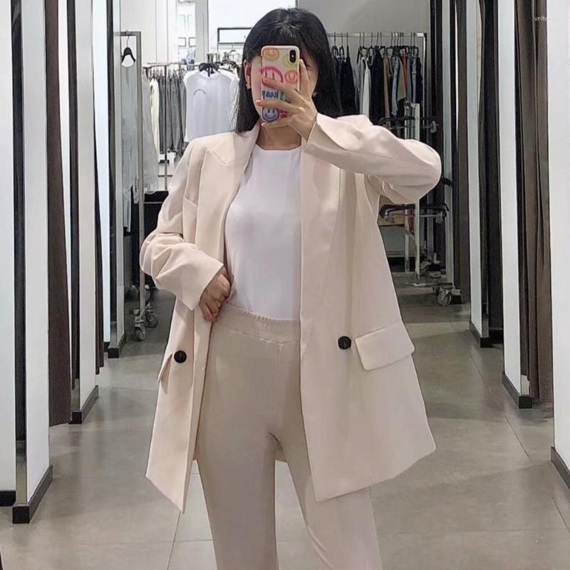 

Women's Suits Femme Blanc Blazer Casual Women Suit Coat Plaszcz Wiosenny Damski Vertical Completo Donna Fashion Double-Breasted Ladies, Beige