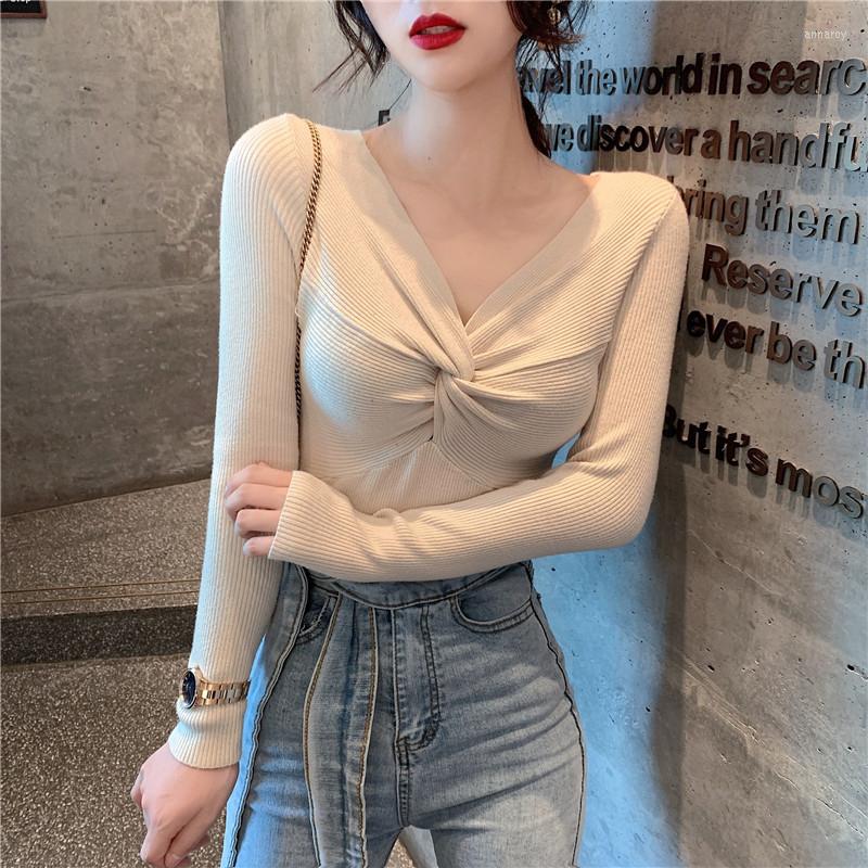 

Women's Sweaters Korean Sexy V-Neck Knitted Women Sweater Solid Knit Slim Pullover Full-Sleeved Vest Deep Top For Girls, Pink