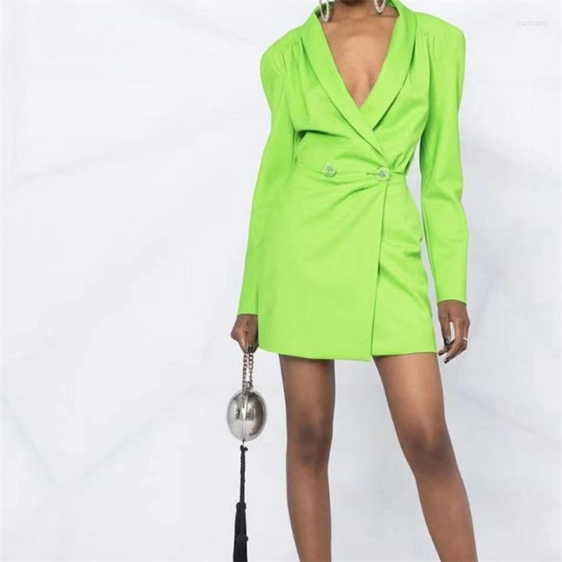 

Women' Suits ZXQJ Women 2022 Chic Fashion With Buttons Pleated Mini Dress Vintage Lapel Collar Long Sleeve Female Dresses Vestidos Mujer, Picture shown