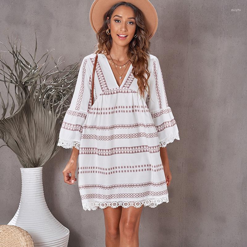 

Casual Dresses Vintage V Neck Lace Stitching Summer Chiffon Dress Women Flared Sleeves Geometric Printing Loose A Line Beach Woman, Blue