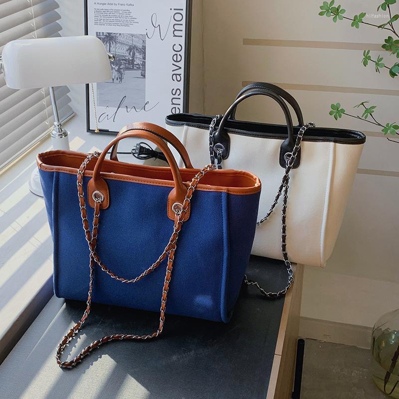 

Evening Bags Casual Canvas Large Tote Bag Designer Women Handbags Panelled Chains Shoulder Crossbody Big Shopper Purses Female Sac 2022, Blue brown