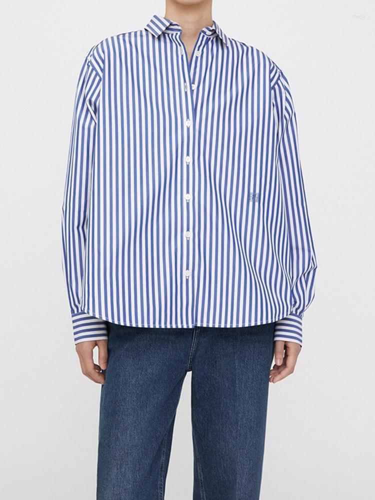 

Women' Blouses Women Silhouette Stripes Blouse Cotton Logo Embroidery Turn-Down Collar Long Sleeve Shirt Female Straight Chemise, Blue stripes