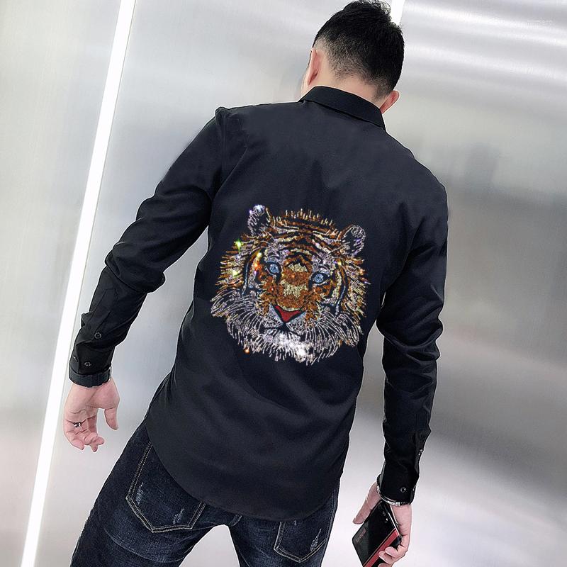

Men's Casual Shirts Original Slim Men's T-Shirt Exquisite Rhinestone Simple Diamond Craft Long Sleeve Business Formal Tops, As shown asian size