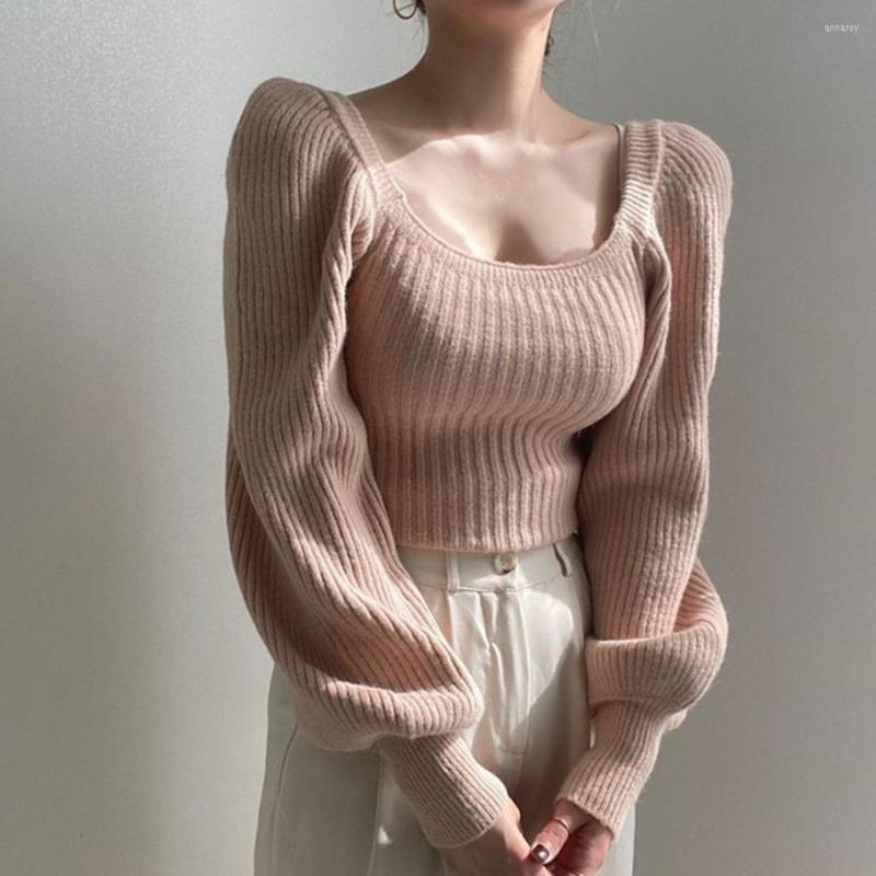 

Women's Sweaters Knitted Women's Sweater Vintage Pullover Long Puff Sleeve Square Neck Top Korean Style Fashion Autumn Winter 2022, Khaki